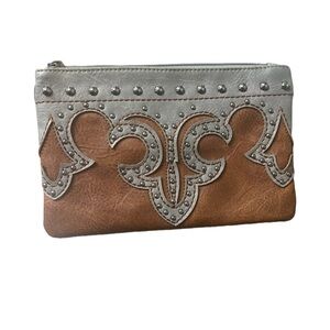 Montana West Cowgirl Western Studded Faux Leather Makeup Bag Brown Gray